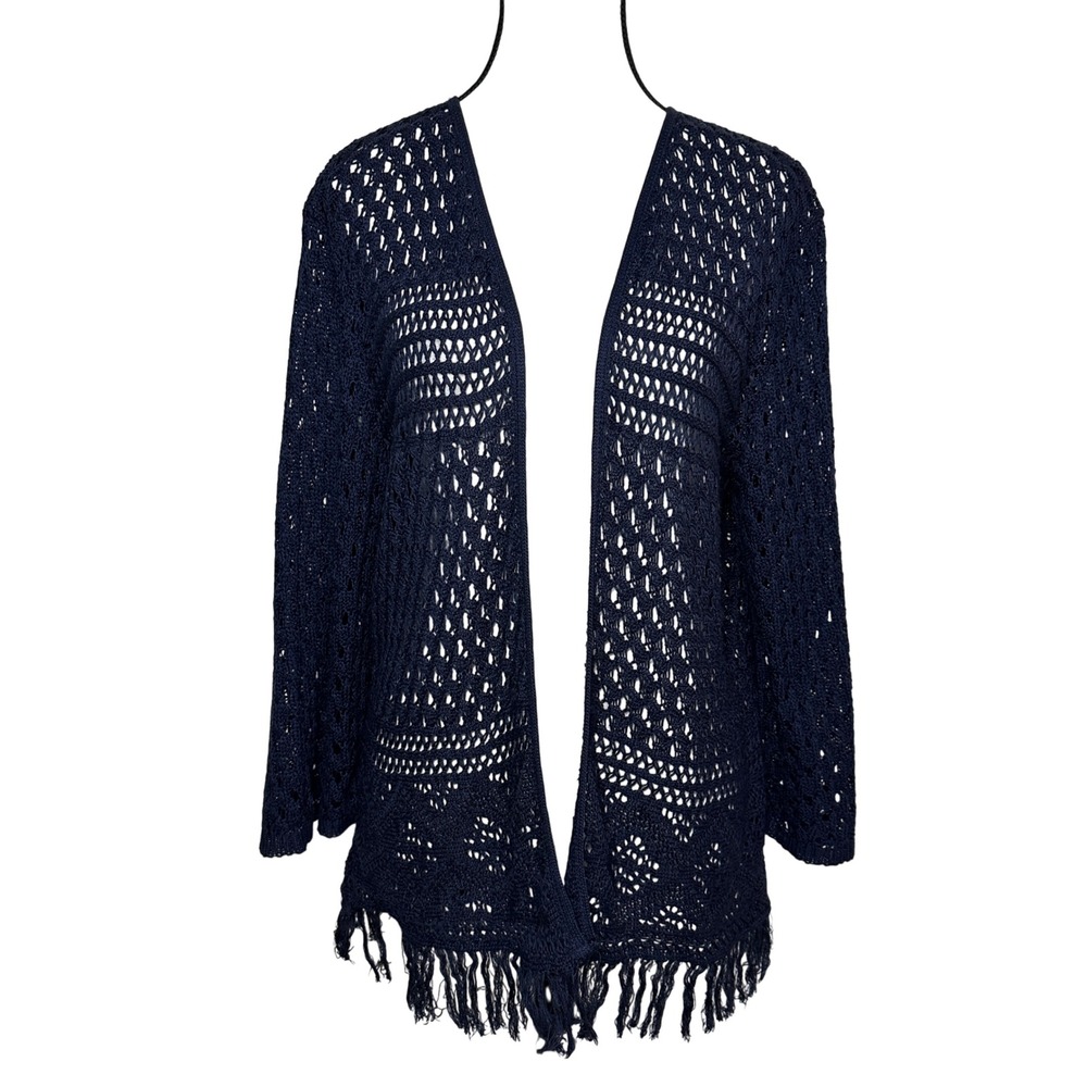 Faded Glory Blue Crochet Knit Fringe Cardigan Size 1X 16W Boho Coastal Festival